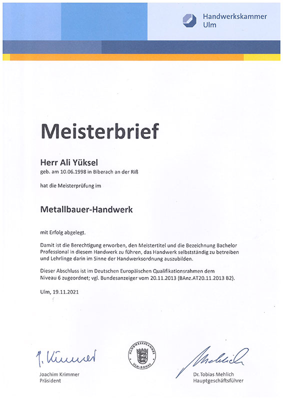 Ali Yüksel Meisterbrief