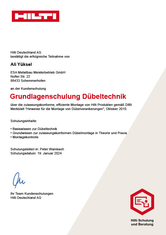 Hilti Mitarbeiter Duebel Zertifikat Ali Yüksel