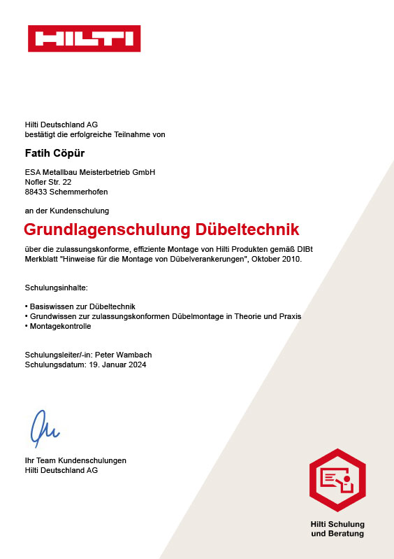 Hilti Mitarbeiter Duebel Zertifikat Fatih Cöpür